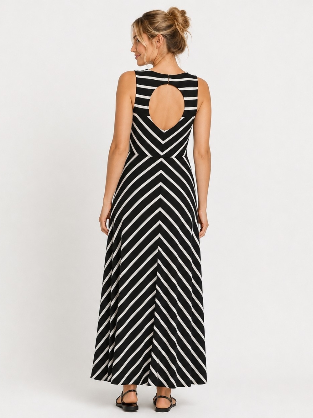 Talbots Black & White V-Neck Striped Maxi Dress Size M Preppy Feminine - Picture 2 of 7